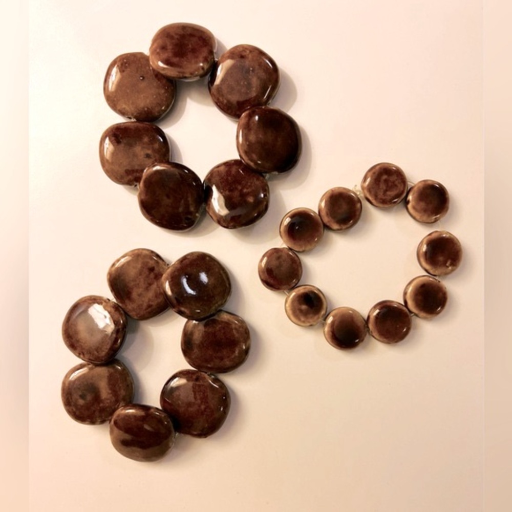 CERAMIC BEAD BRACELETS, Brown glazed, stretch fit, 3 sold as bundle.